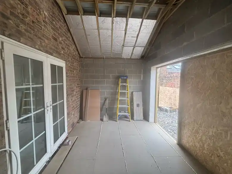Inside the extension with the ceiling insulated