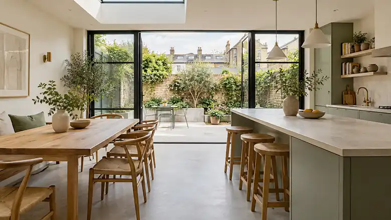 Kitchen extension with a rooflight and steel doors to the garden