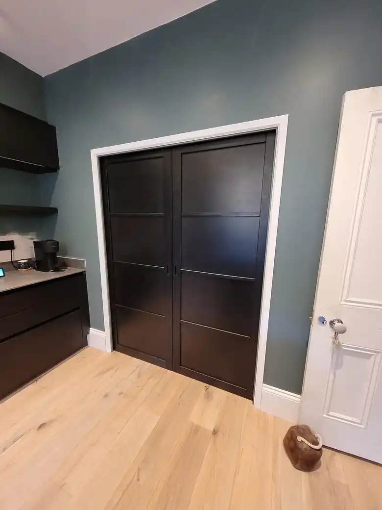 Room with dark door and oak floor